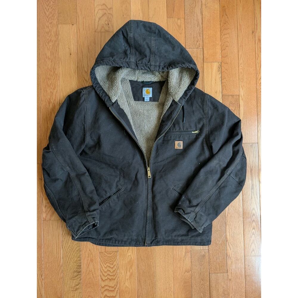 VTG Carhartt Sierra WJ141 Dark Brown sherpa lined sandstone canvas jacket Large